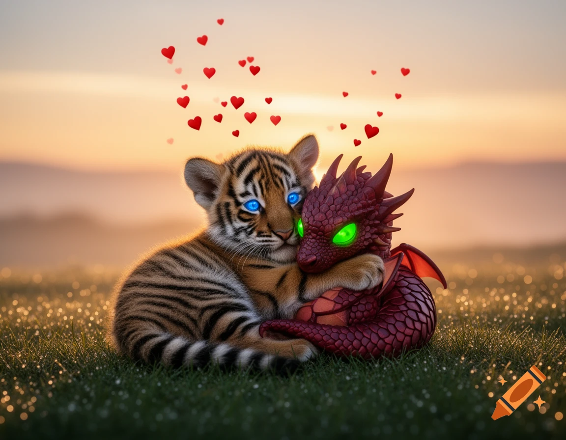 A cute tiger cub with blue eyes cuddles a small red dragon with green eyes in a grassy field at sunrise, with floating red hearts.