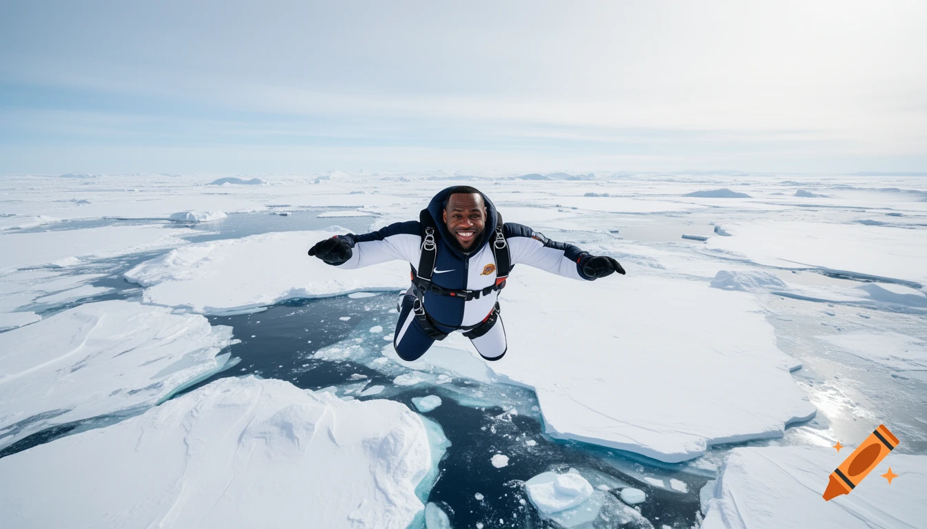 Lebron James smiles while skydiving over a vast, icy arctic landscape with blue skies.