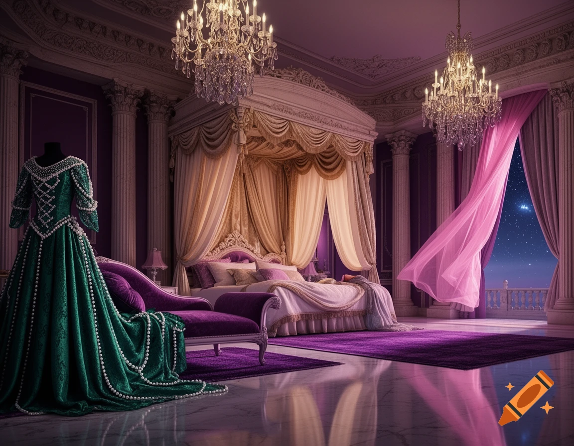 A lavish, ornate bedroom with a canopy bed, a pearl-studded green gown on a chaise lounge, and pink curtains blowing in the night breeze.