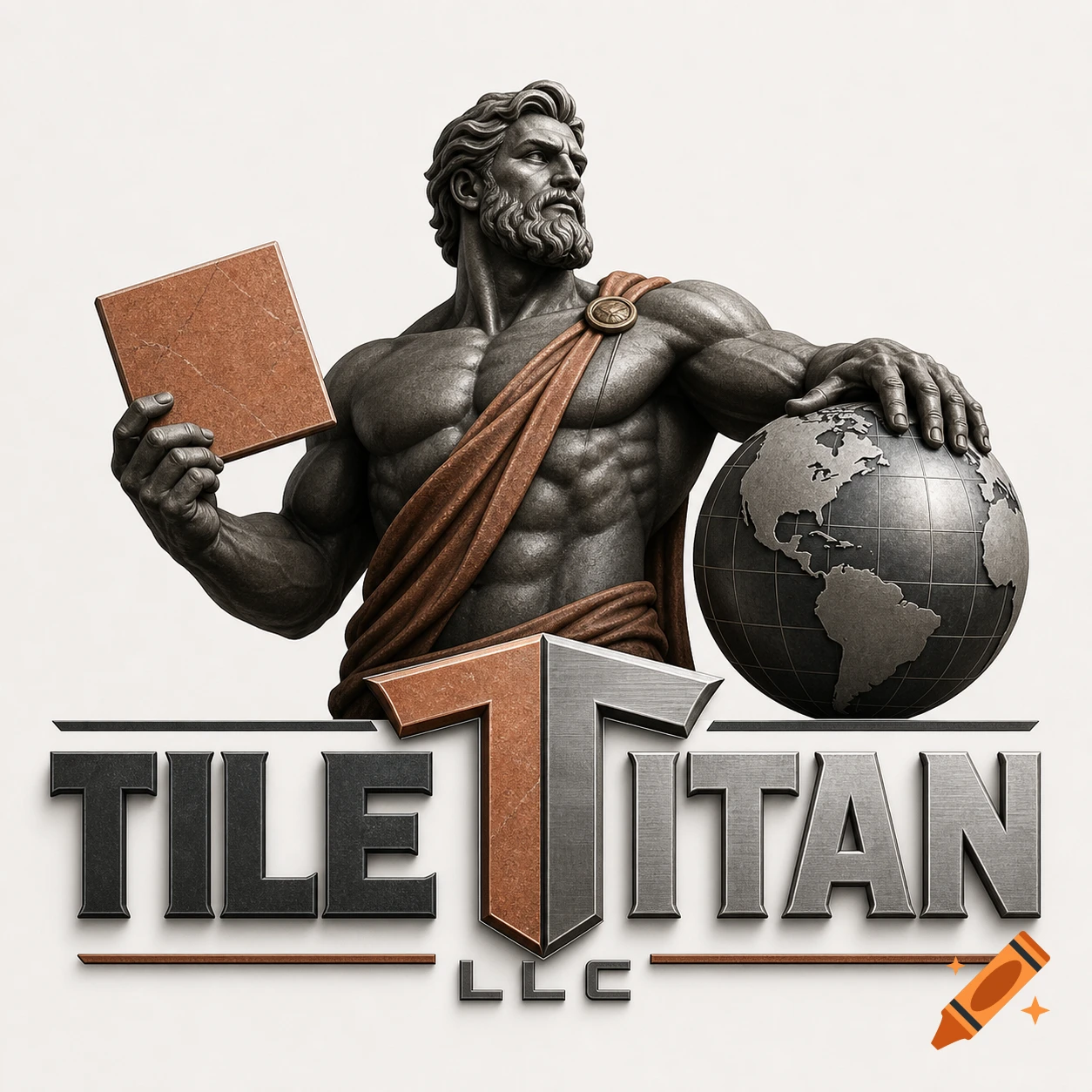 A logo featuring a dark grey statue of a muscular man in a toga holding a brown tile and a globe, with 'TILE TITAN LLC' text below.
