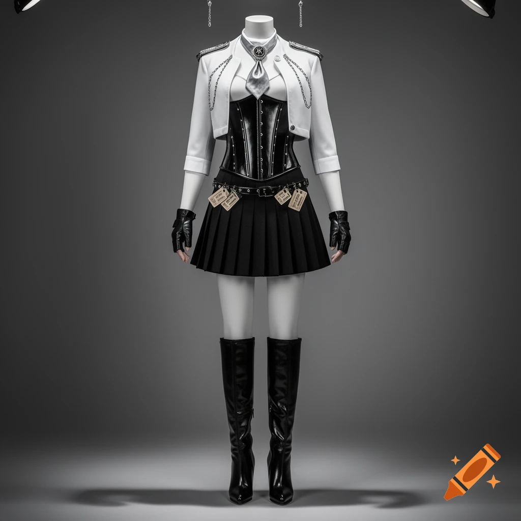 A full-body mannequin wears a white military jacket, black corset, pleated mini skirt with ticket tags, black fingerless gloves, and knee-high boots.