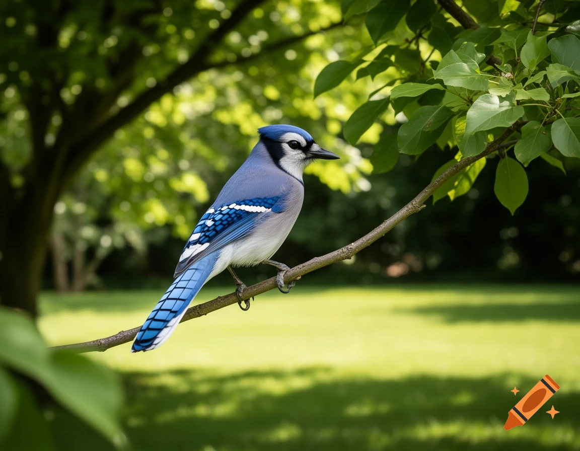 A vibrant blue jay with black and white markings perches on a tree branch, against a bright green, sunlit garden background.