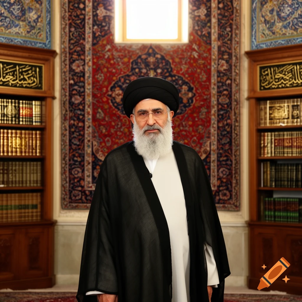 A man with a long white beard and black turban, dressed in a black robe over white attire, stands in a richly decorated room with bookshelves and patterned tapestries.