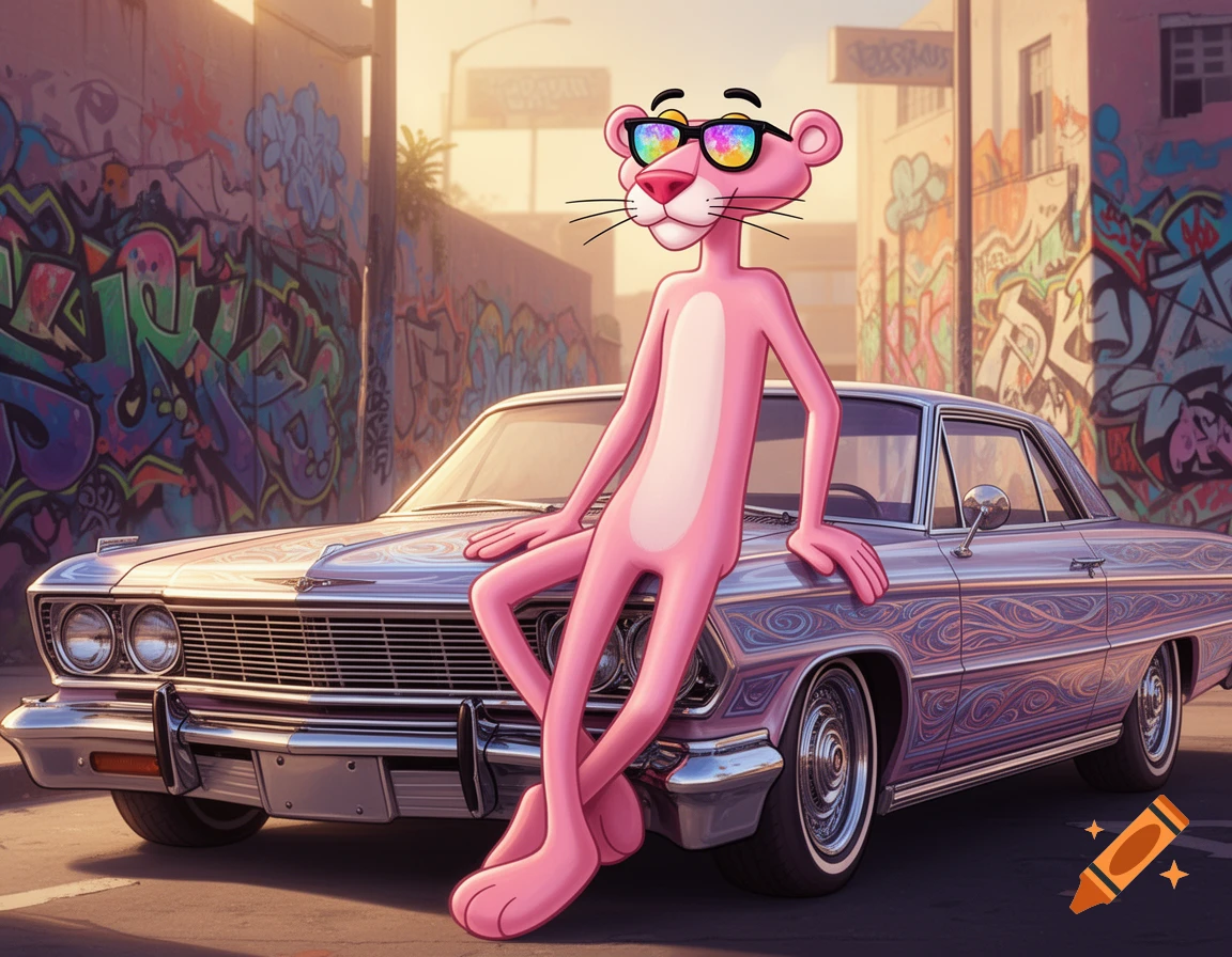 Pink Panther wearing rainbow sunglasses leans on a custom purple lowrider car in front of a graffiti wall.
