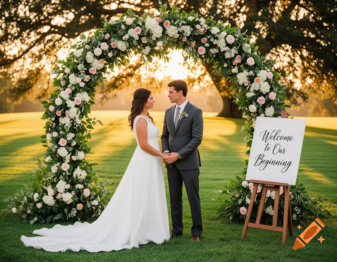 Bride and groom under a floral wedding arch at sunset, holding hands, with a 'Welcome to Our Beginning' sign.