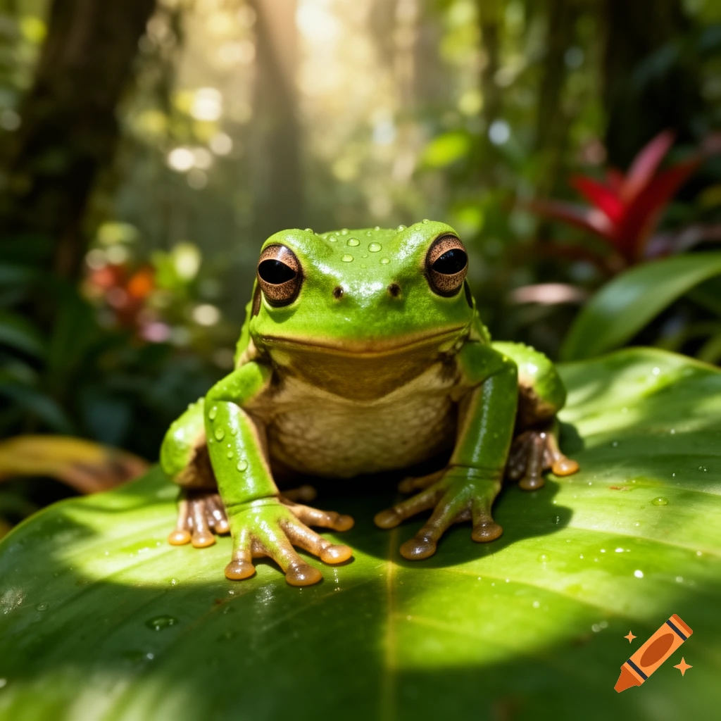 A close-up, photorealistic shot of a vibrant green tree frog with water droplets on its skin, sitting on a large green leaf in a lush jungle with sunbeams.