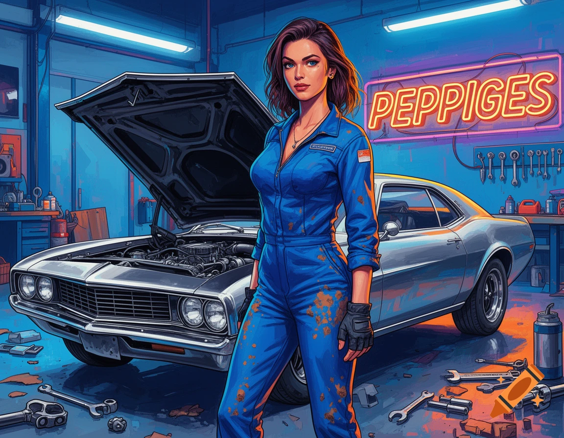 Stylized illustration of a confident female mechanic in a blue jumpsuit in a neon-lit garage with classic cars and tools.