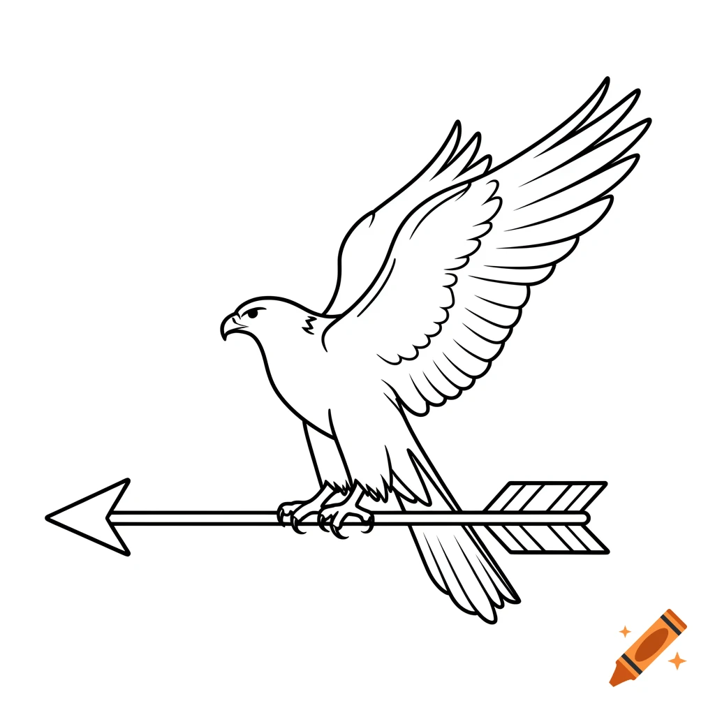 A black and white outline drawing of a hawk with spread wings, perched on a horizontal arrow pointing left.