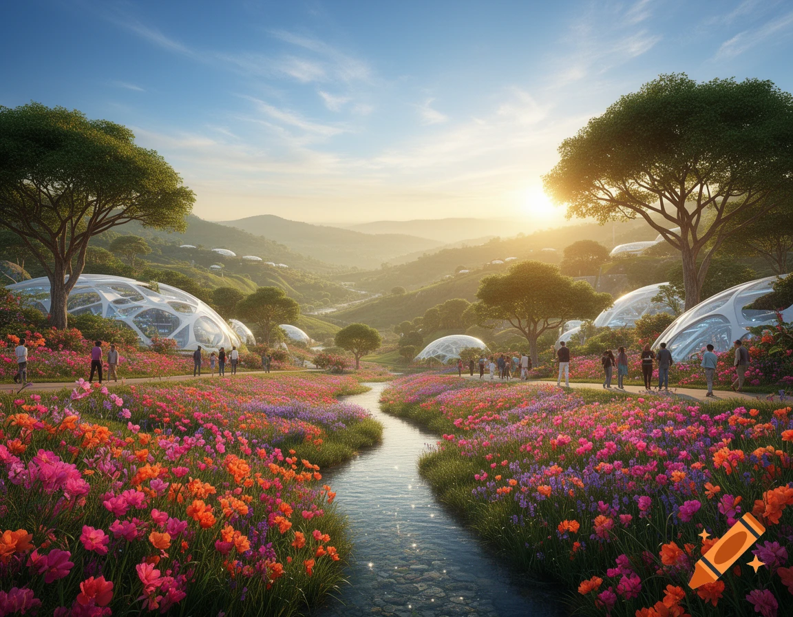 A beautiful utopian landscape with lush flowering meadows, a winding stream, futuristic dome buildings, and people strolling under a warm sunset sky.