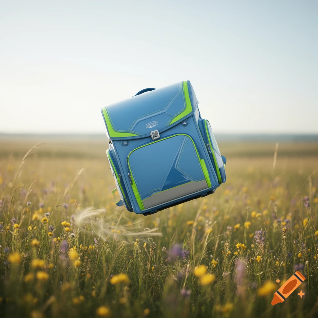 A blue and green backpack floats above a sunlit field filled with yellow and purple wildflowers, against a clear sky.