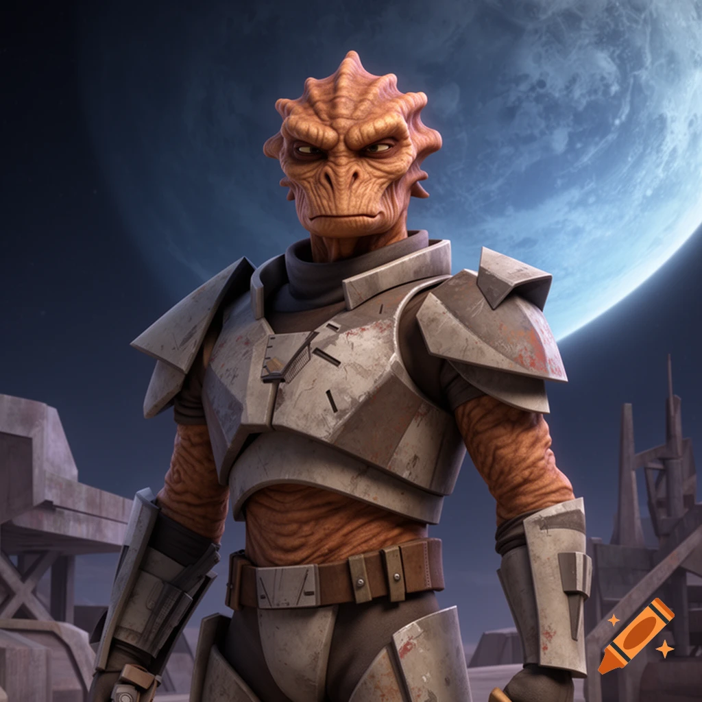 A 3D animated Star Wars-style alien bounty hunter with leathery skin and mismatched armor stands under a large moon.