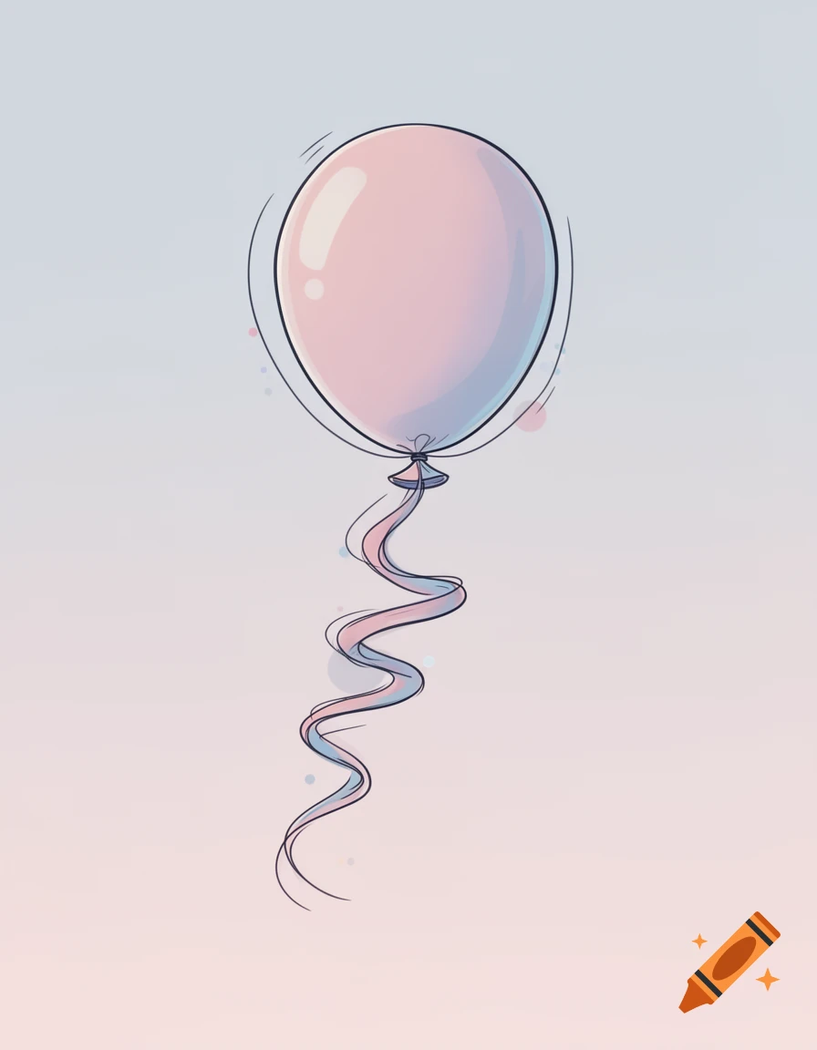 A pink balloon with a long, wavy ribbon, drawn in a simple, stylized cartoon fashion against a light gradient background.