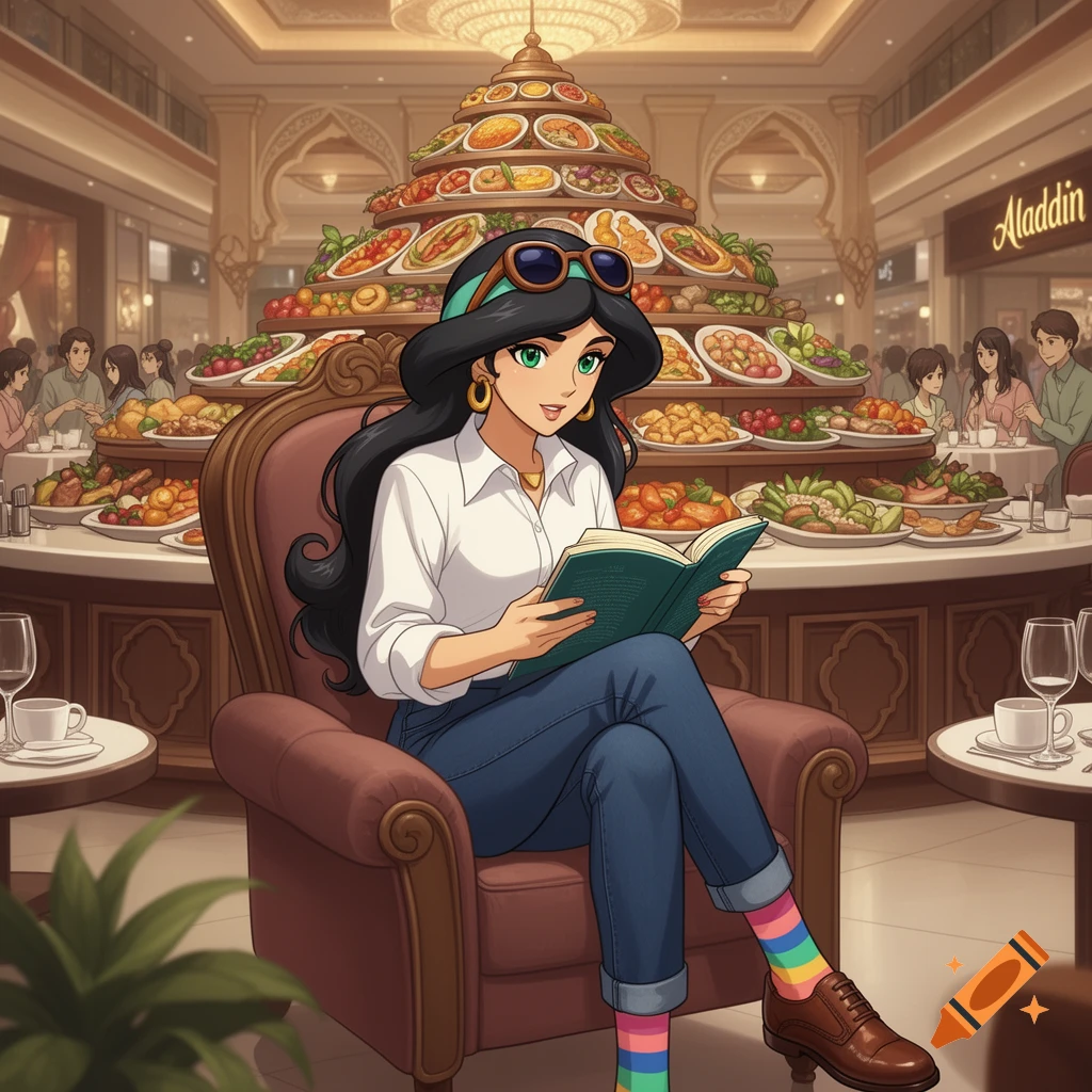 Anime-style Princess Jasmine, wearing a white shirt, jeans, sunglasses, and rainbow socks, sits in a chair reading a book in a luxurious mall food court with a large food display and an "Aladdin" sign in the background.