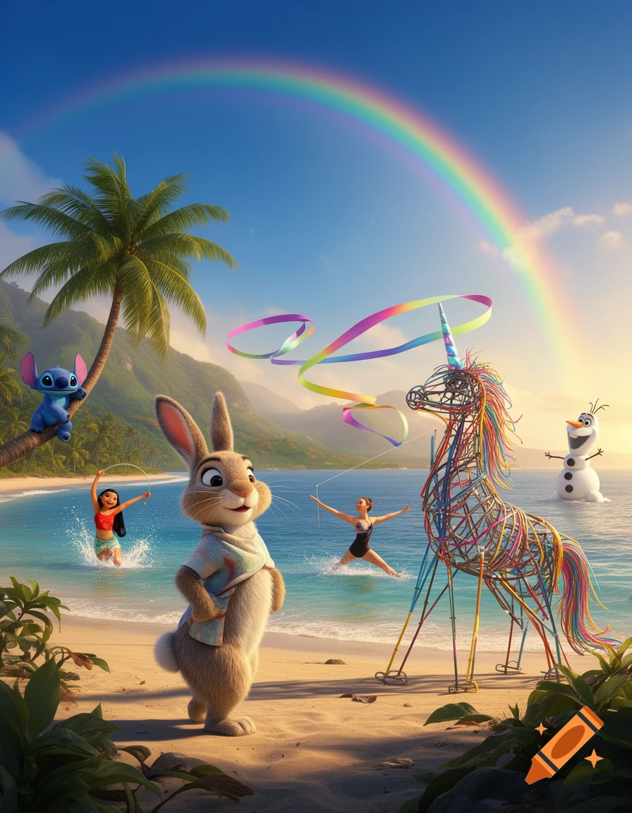 A cartoon rabbit on a tropical beach with Stitch on a palm tree, Olaf in the water, two girls, and a colorful wireframe unicorn sculpture under a rainbow.