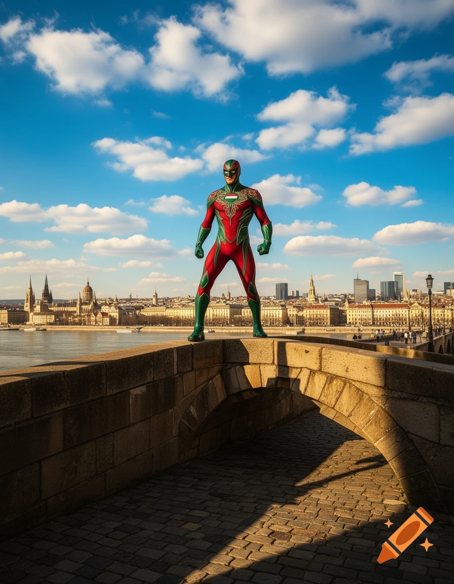 A superhero in a red and green suit stands on a stone bridge overlooking a city skyline and river under a blue sky.