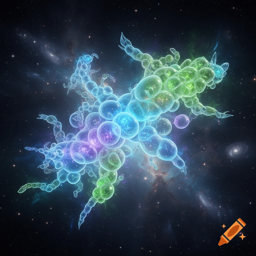 Luminescent, bubble-like creatures in blue, green, and purple hues float in deep space among stars and galaxies.