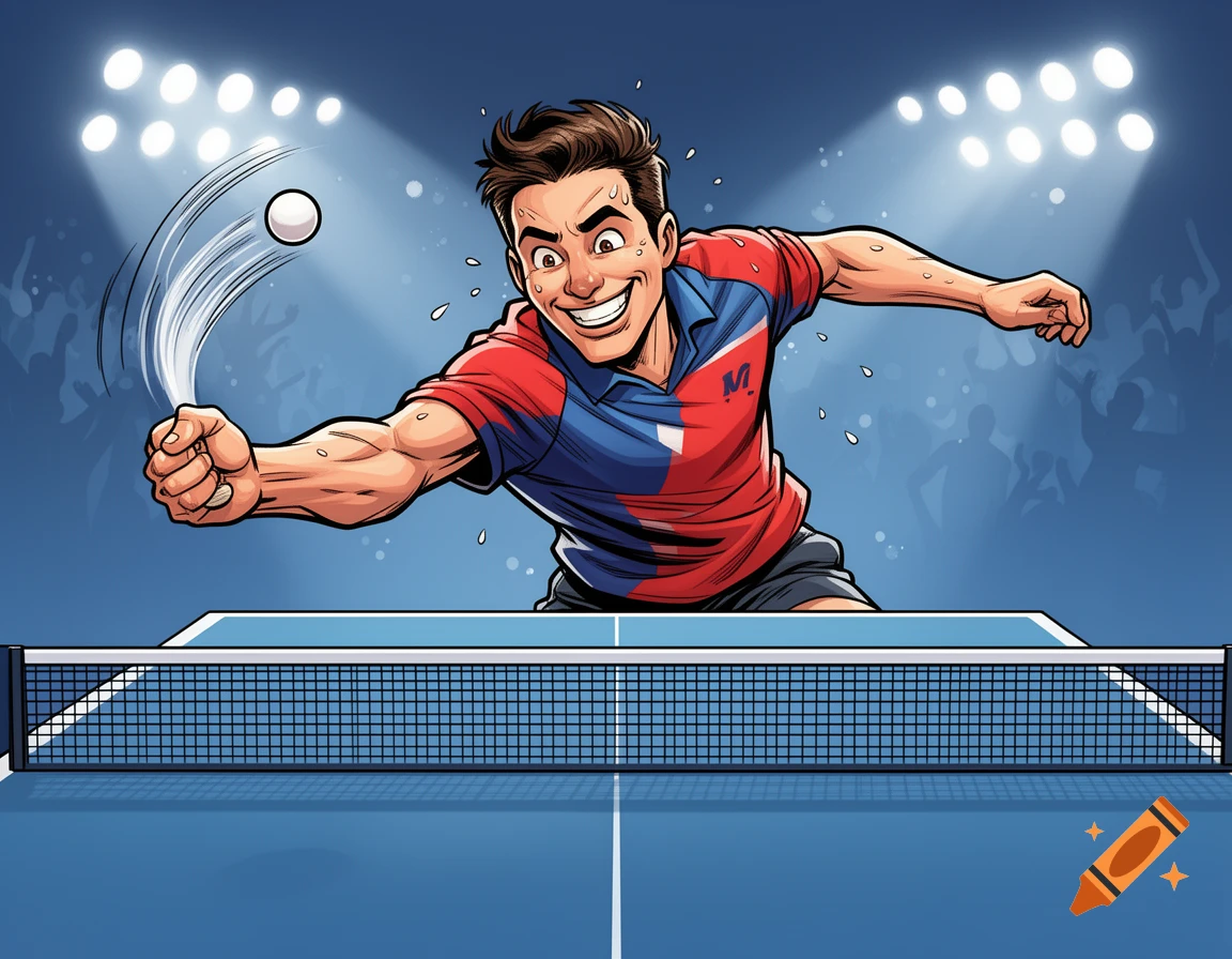 Energetic comic illustration of a male table tennis player hitting a ball, with a dynamic pose and a wide smile, under bright stadium lights.