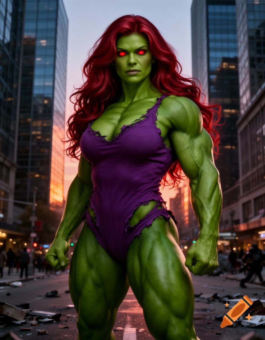 A muscular green-skinned woman with long red hair and glowing red eyes, wearing a ripped purple bodysuit, stands in a city street at sunset.