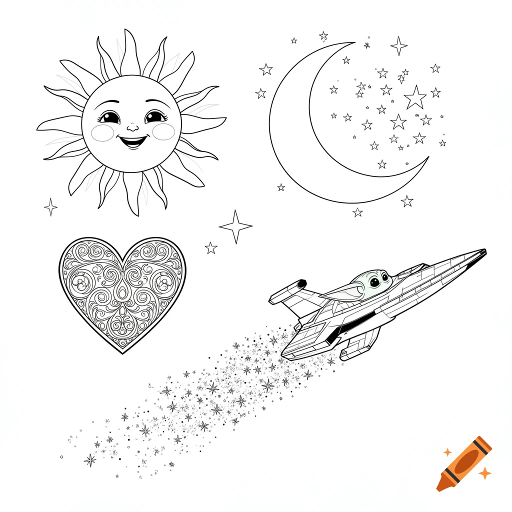 Black and white coloring page with a smiling sun, crescent moon, starry sky, ornate heart, and Grogu in a spaceship.