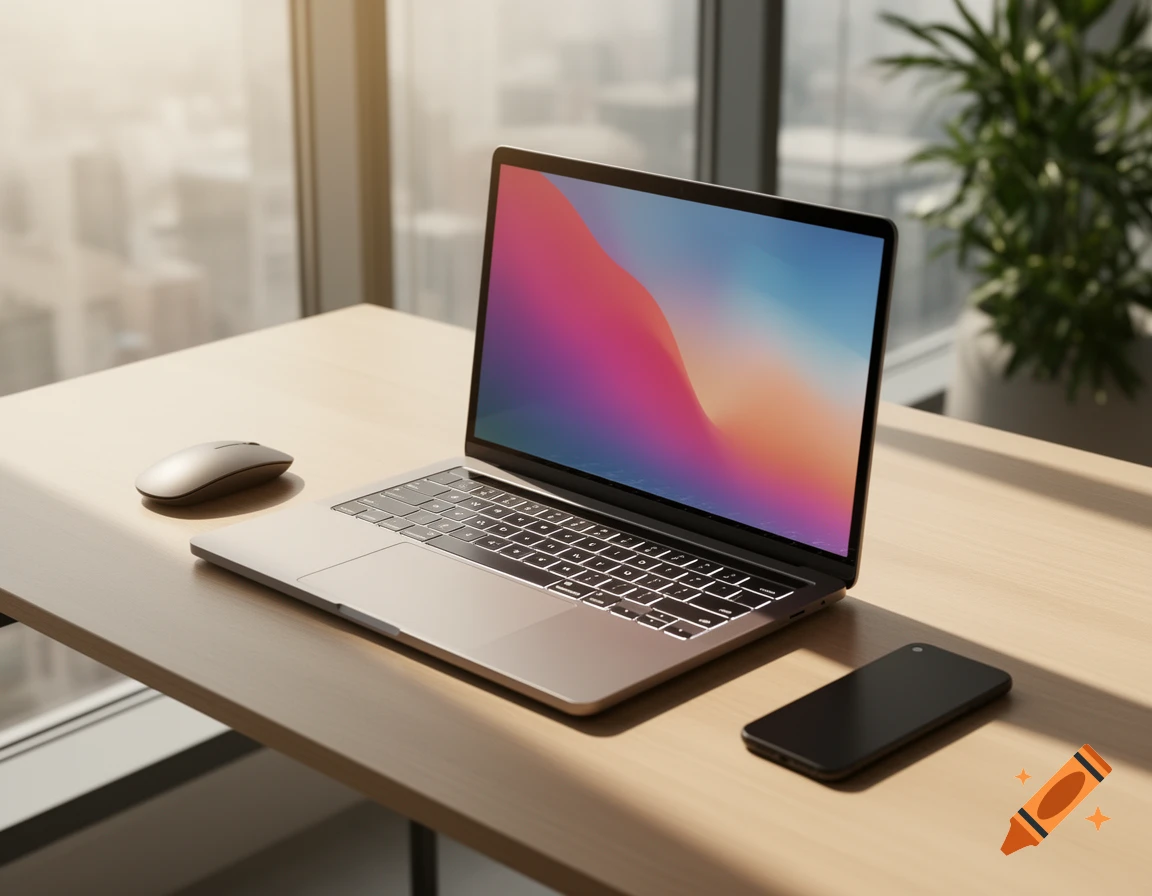 A laptop with colorful wallpaper, mouse, and smartphone on a wooden desk by a window with a cityscape. Photorealistic.