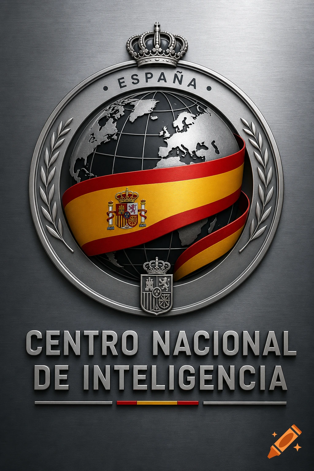 A metallic logo featuring a globe wrapped in the Spanish flag, a crown, and text 'ESPAÑA' and 'CENTRO NACIONAL DE INTELIGENCIA'.
