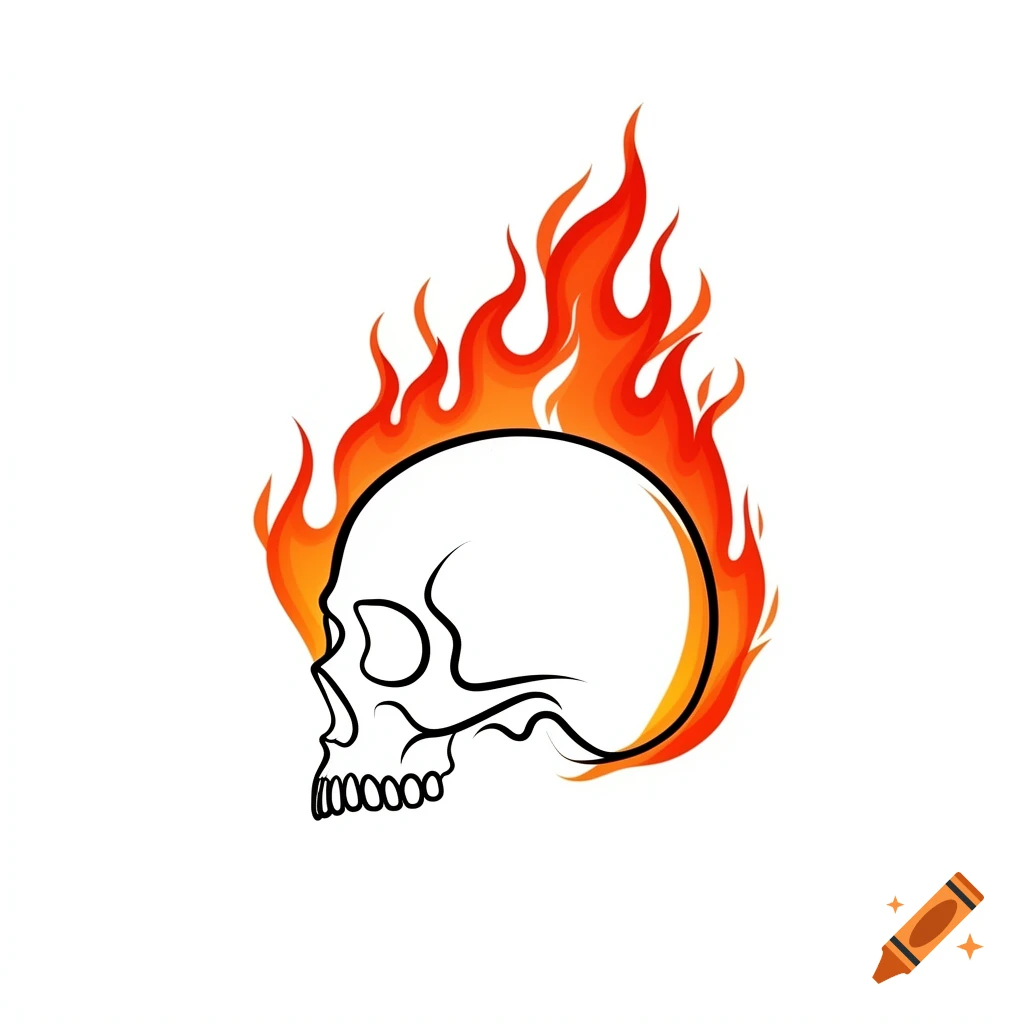 A simple black outline illustration of a skull in profile, engulfed by orange and red flames.