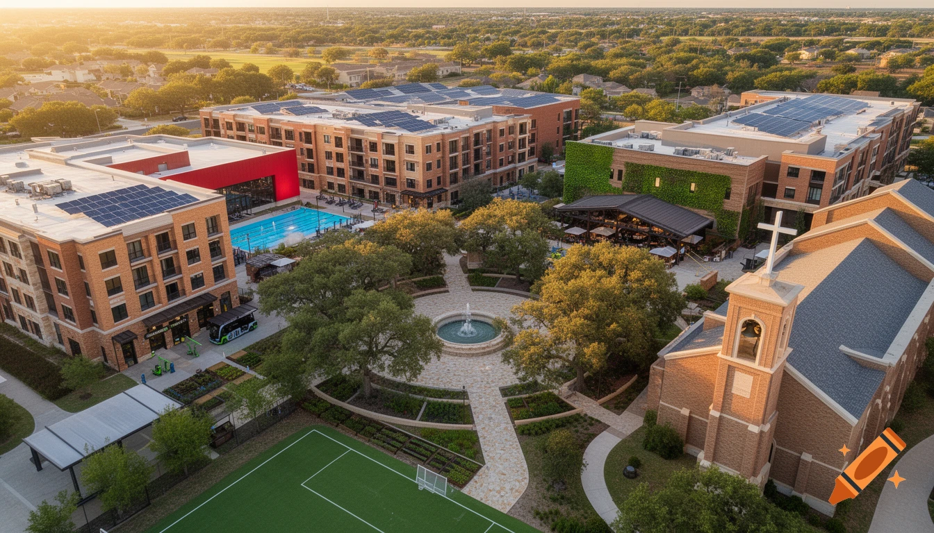 Aerial view of a modern mixed-use community campus with brick apartment buildings, a swimming pool, a church, green spaces, a central fountain, and solar panels under golden afternoon light.