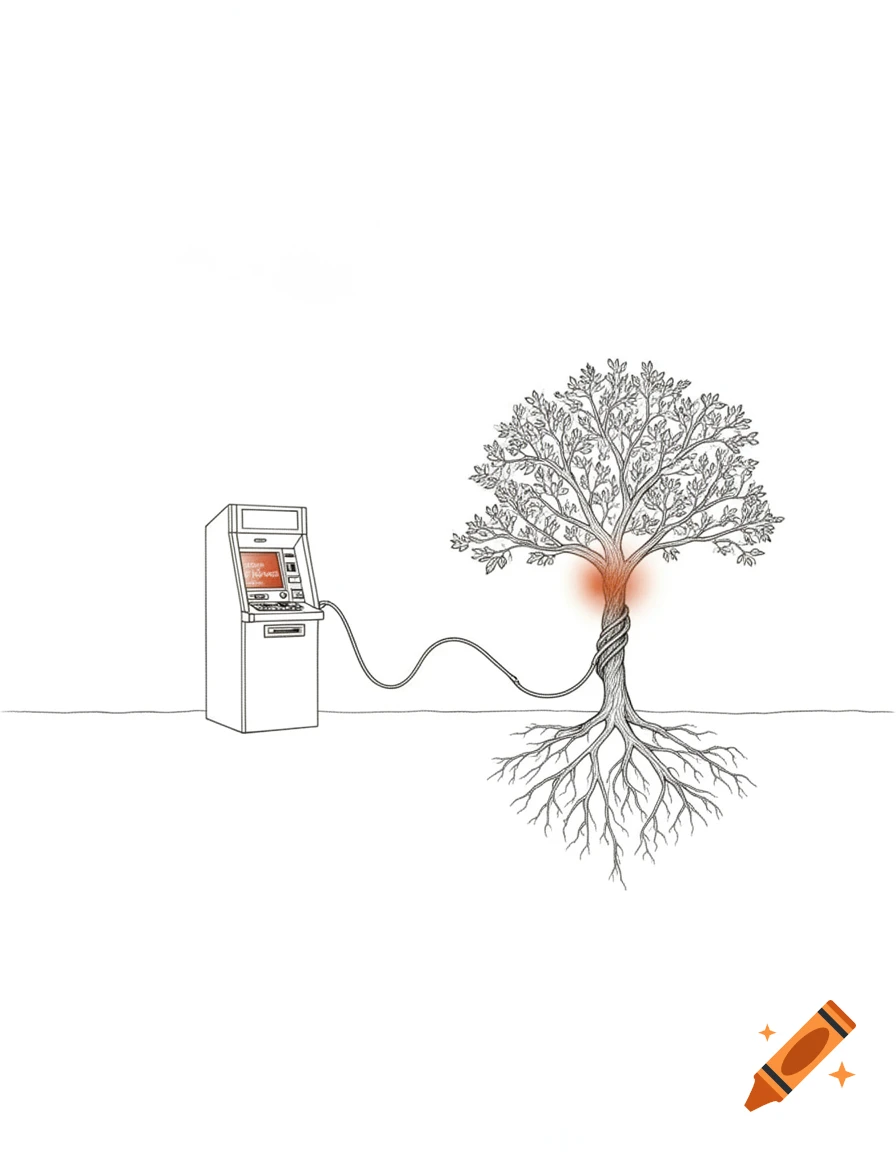 A minimalist line art illustration shows an ATM connected by a cable to a tree with exposed roots, glowing orange.