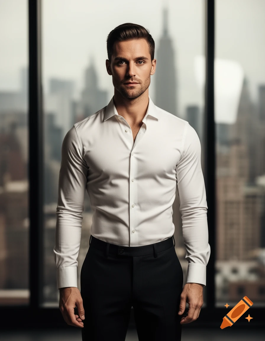 A man in a white dress shirt and black pants stands in front of a window overlooking a blurred city skyline, looking directly at the viewer.