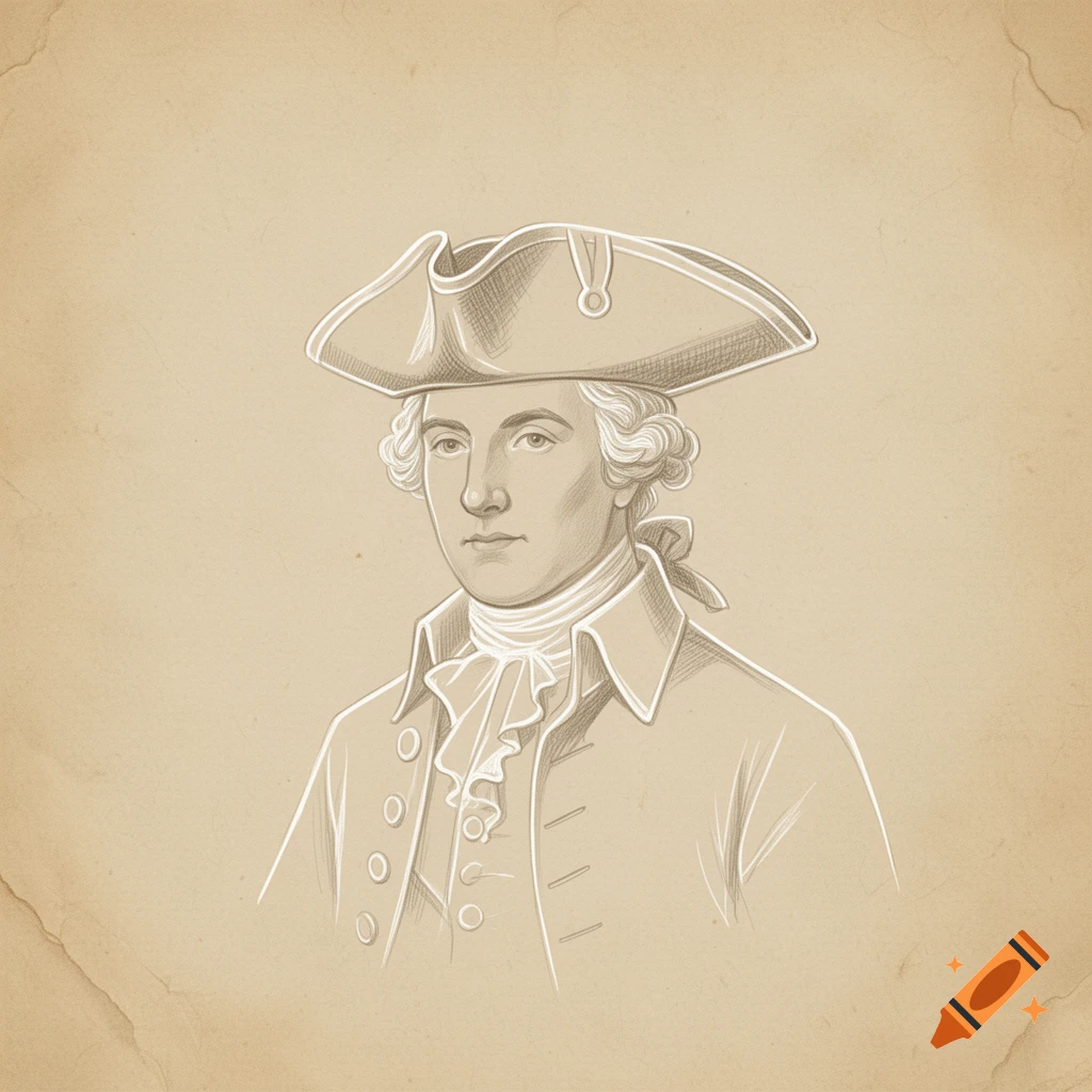 A monochrome sketch of a man in colonial attire, featuring a tricorn hat and ruffled jabot, on a textured paper background.
