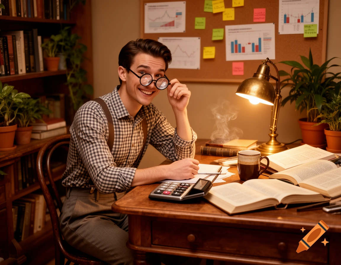 A smiling young man in glasses and suspenders sits at a cluttered wooden desk with books, a lamp, and a calculator.