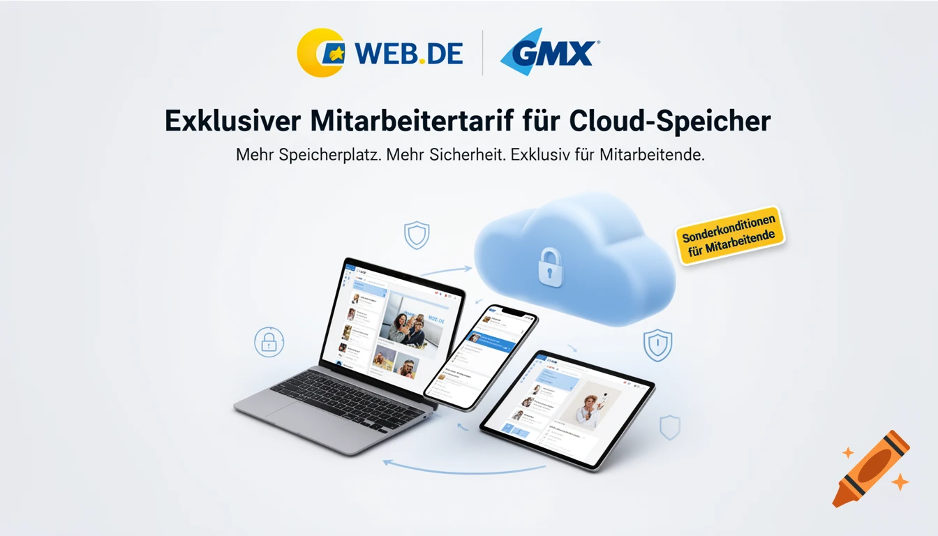 A modern advertising graphic for WEB.DE and GMX cloud storage, featuring a blue cloud with a padlock, a laptop, smartphone, and tablet displaying synced files, with security shield icons. Text: Exklusiver Mitarbeitertarif für Cloud-Speicher.