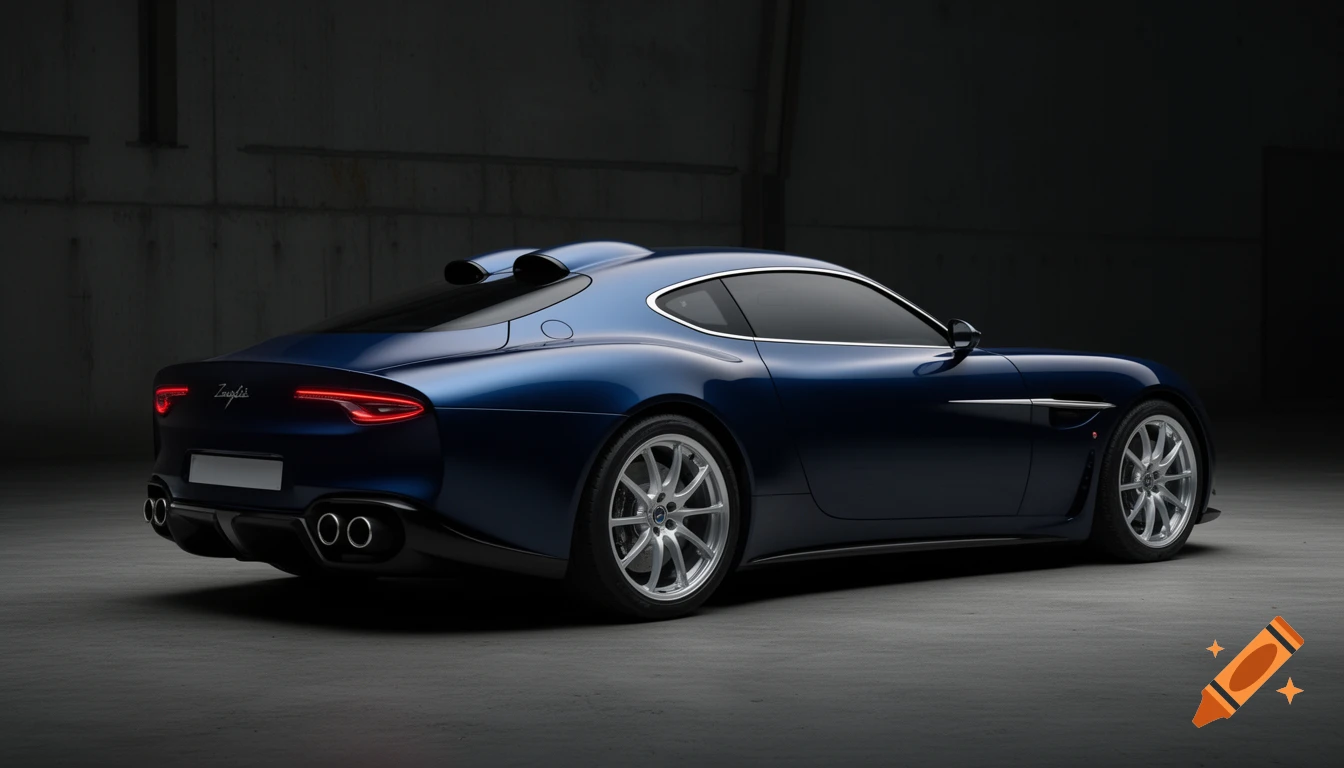 A dark blue luxury sports car with sleek lines and two exhaust pipes, parked in a dimly lit garage.