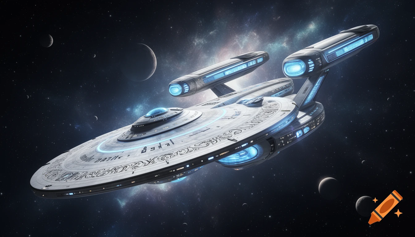 A futuristic Star Trek USS Enterprise-D refit spaceship with glowing blue elements in a starry nebula and planets background.