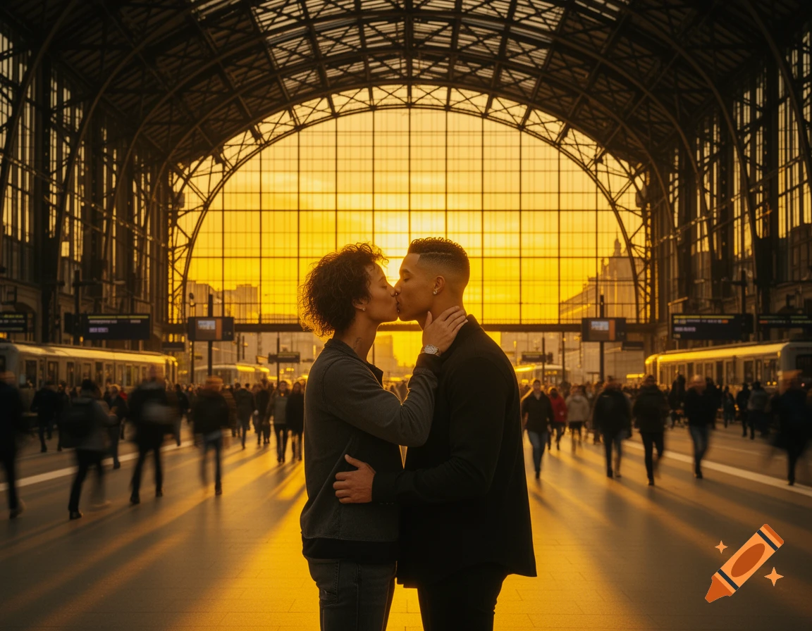 A diverse couple kisses in a grand train station bathed in golden sunset light, with blurred crowds in the background. Photorealistic.