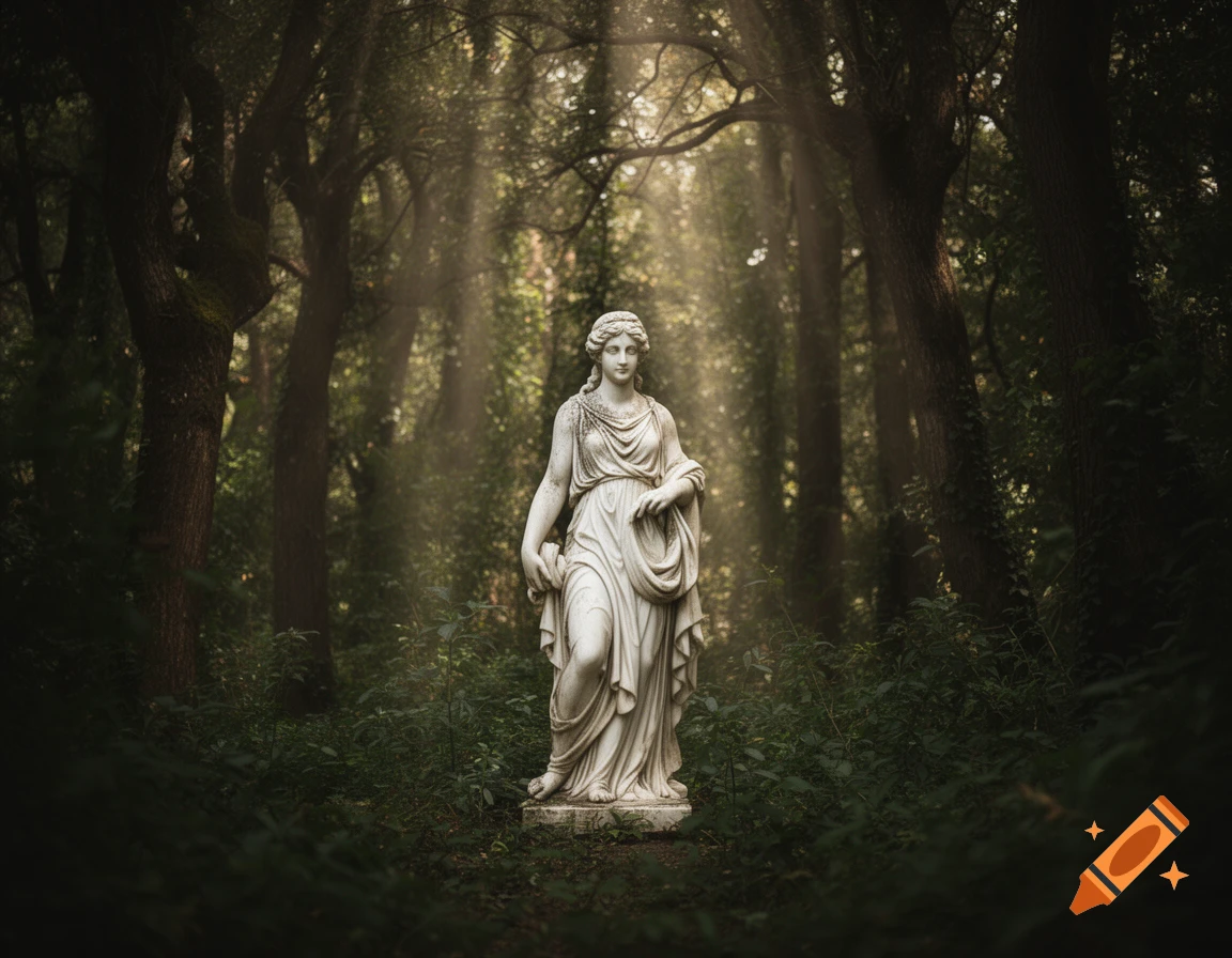 A draped white marble statue of a woman stands in a dense, dark forest, illuminated by dramatic shafts of sunlight.