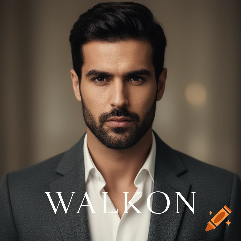 Photorealistic portrait of a serious man with a beard in a suit, with the name WALKON below him.