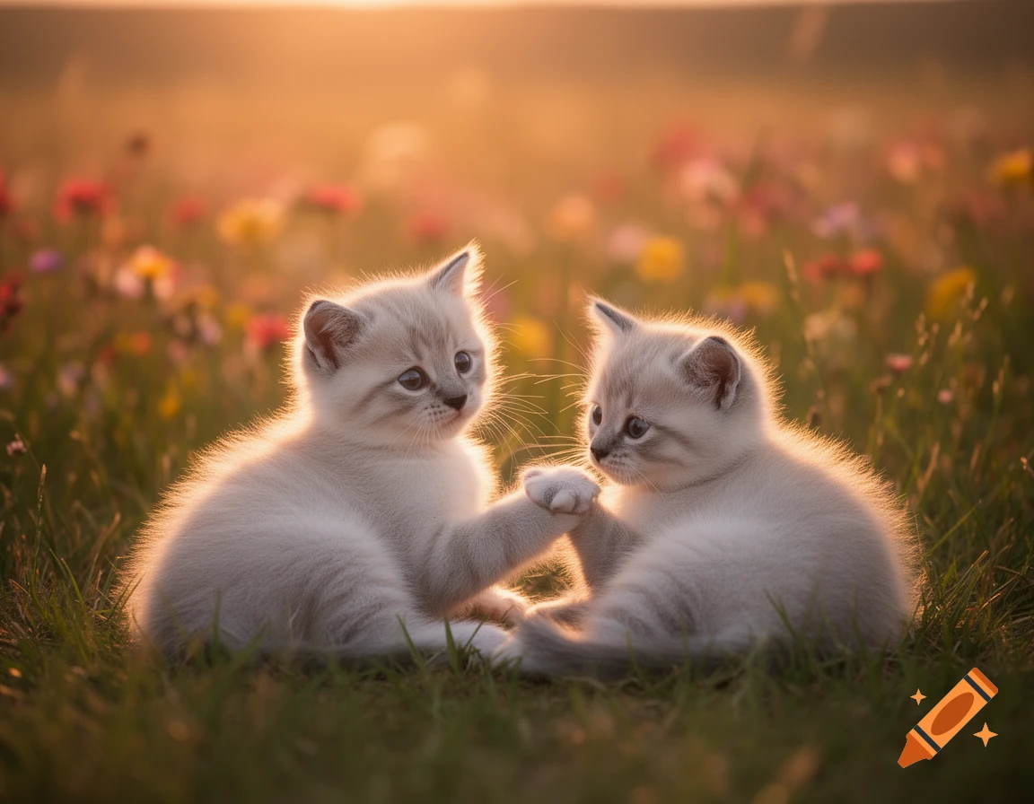 Two adorable fluffy kittens sitting in a grassy field with wildflowers during a golden sunset.