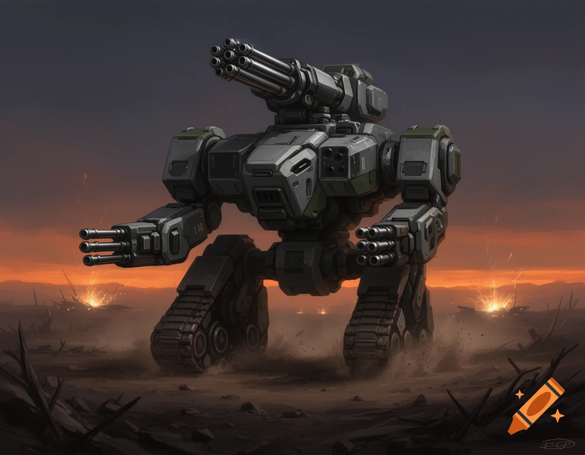 A heavily armed military mech with gatling guns and tank treads stands amidst explosions in a war-torn landscape at sunset.