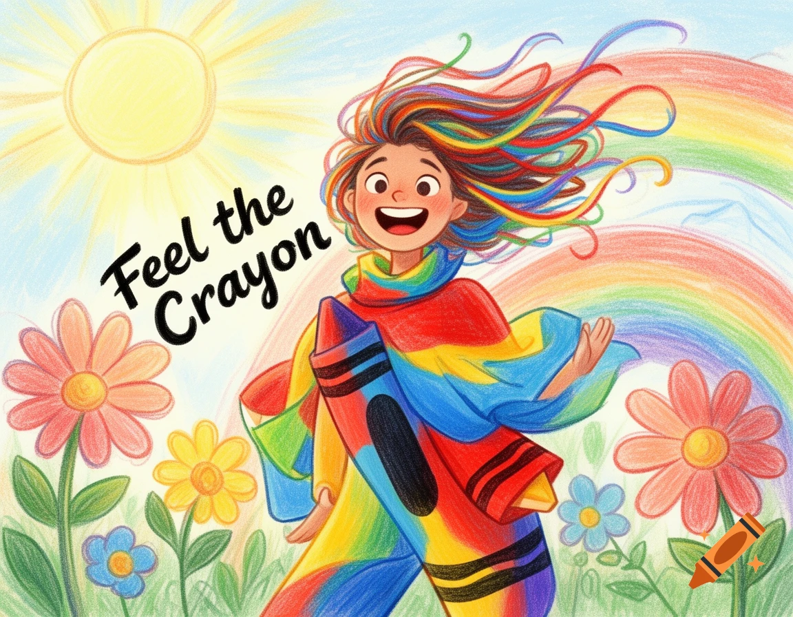 A cheerful, colorful person dressed as a crayon, with rainbow hair, stands in a field of flowers under a sun and rainbow, with text "Feel the Crayon".