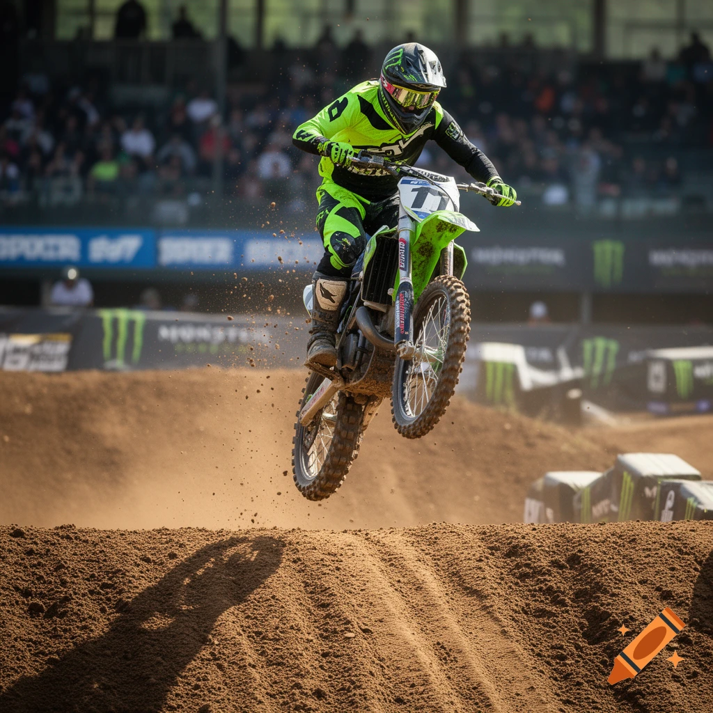 A motocross rider on a green motorcycle leaps over a dirt jump, kicking up dust in a photorealistic action shot.
