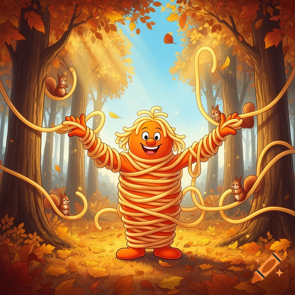 A happy cartoon spaghetti character with arms outstretched, surrounded by swirling noodles and four squirrels in a sun-dappled autumn forest with fallen leaves.