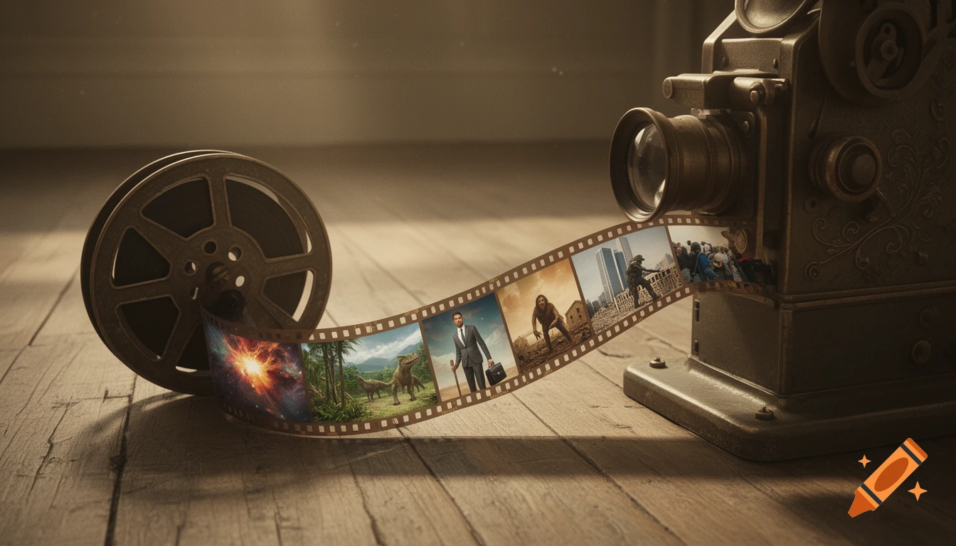 An old film projector and a winding film reel on a wooden floor. The film frames depict scenes of Earth's evolution and history, including a nebula, dinosaurs, a modern man, a caveman, war, and a crowd.