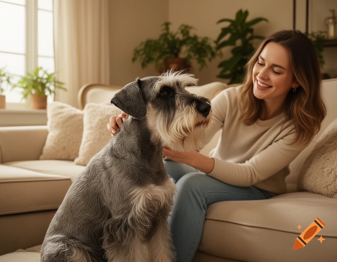 A smiling woman pets a Schnauzer dog in a cozy living room, sitting on a light-colored couch. Photorealistic style.