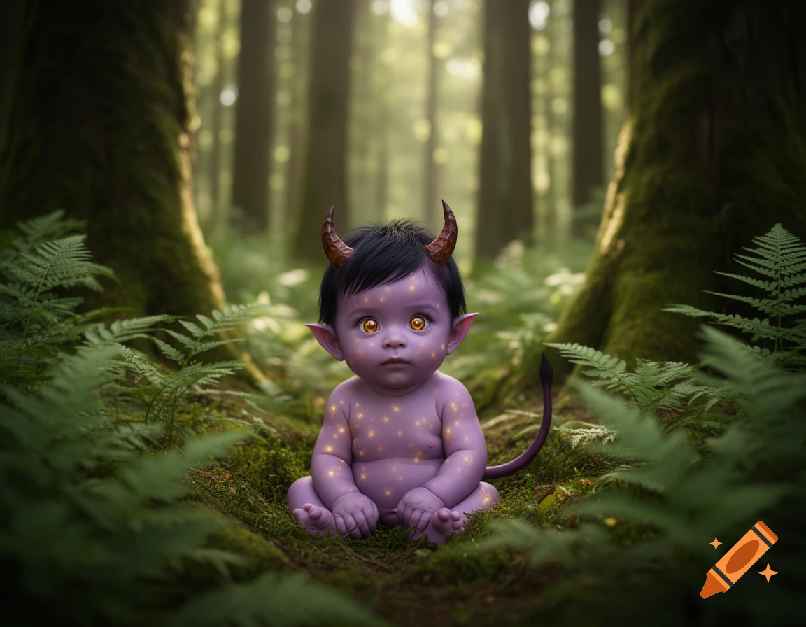 A purple-skinned baby tiefling with small horns, pointed ears, yellow eyes, and a tail, covered in glowing dots, sits in a mossy forest.