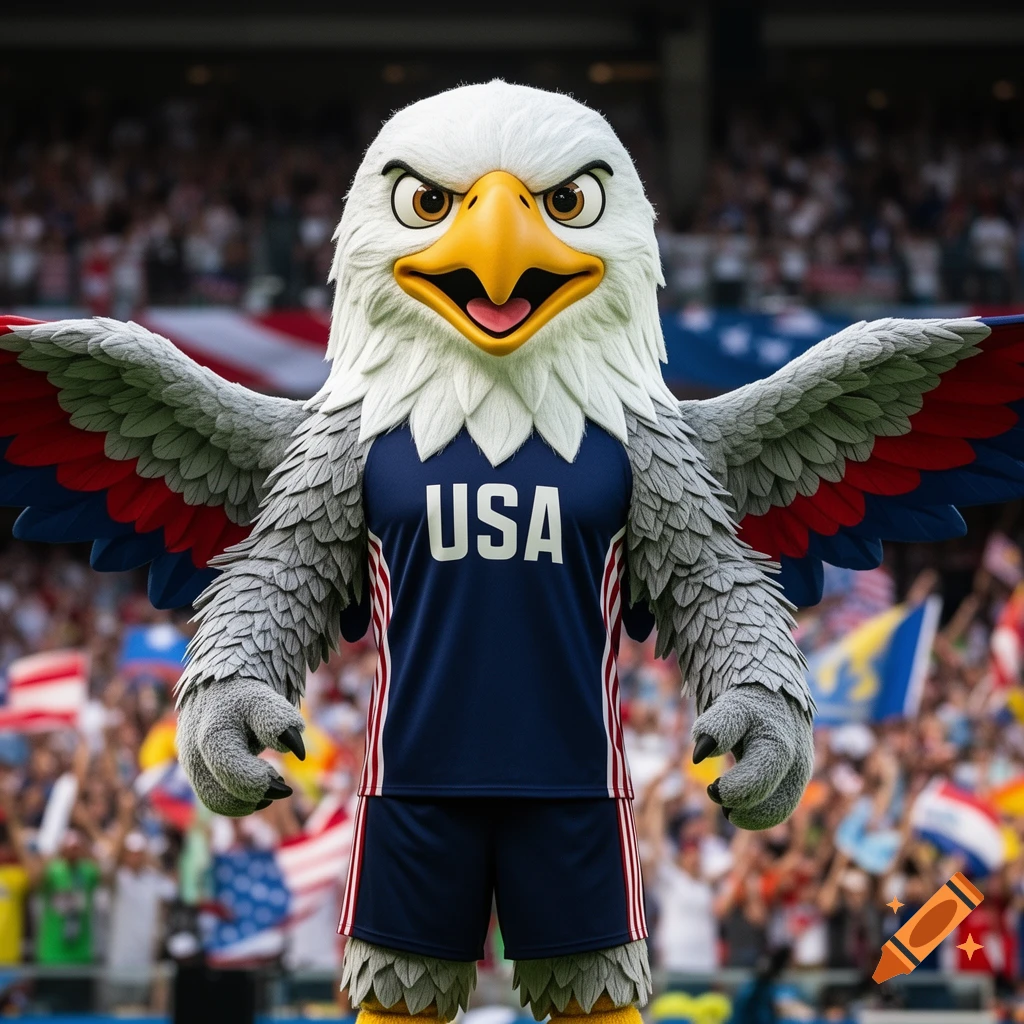 A bald eagle mascot wearing a blue 'USA' sports uniform stands in a stadium filled with cheering fans and flags.