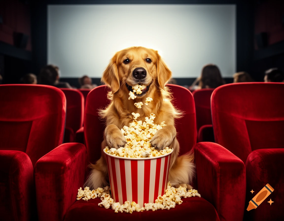 A photorealistic Golden Retriever dog happily sits in a red cinema seat, eating a large bucket of popcorn with red and white stripes.