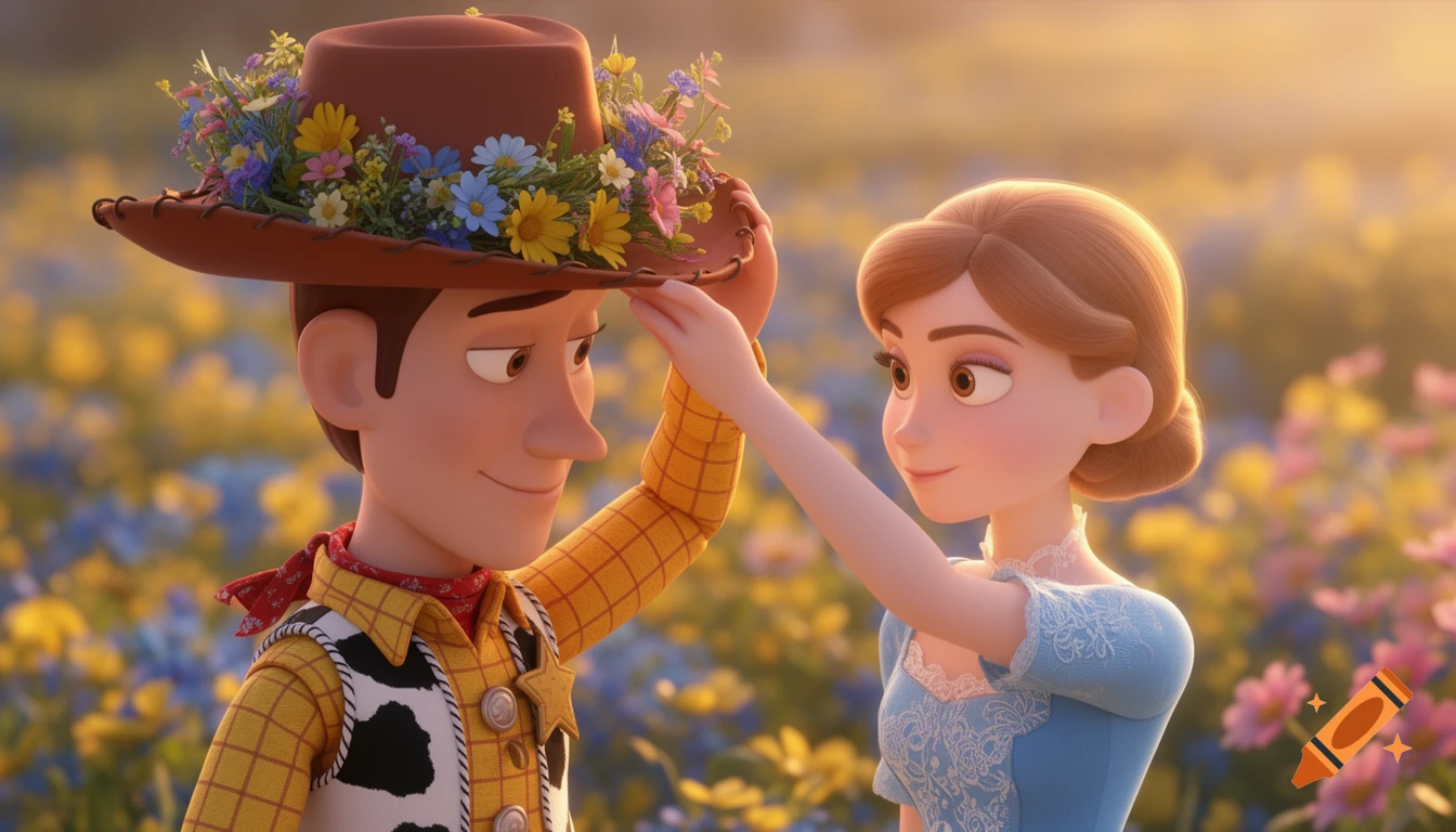 Animated cowboy and woman in a Pixar-style 3D render. The woman tenderly places a wreath of flowers on the cowboy's hat in a golden-hour flower field.