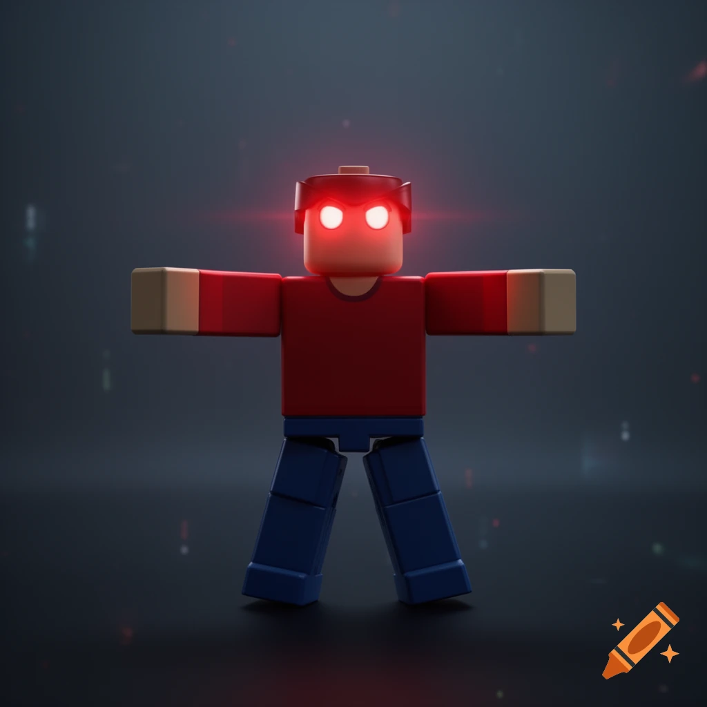 A blocky Roblox-style character with glowing red eyes stands in a t-pose against a dark, dramatic background.