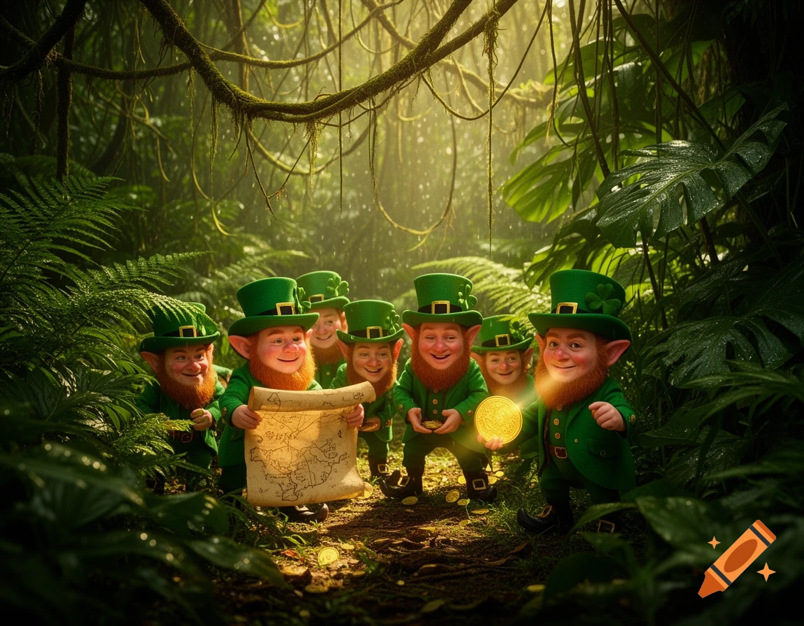 Seven leprechauns in green outfits and hats, one holding a map and another a glowing gold coin, search for treasure in a dense, sun-dappled jungle.